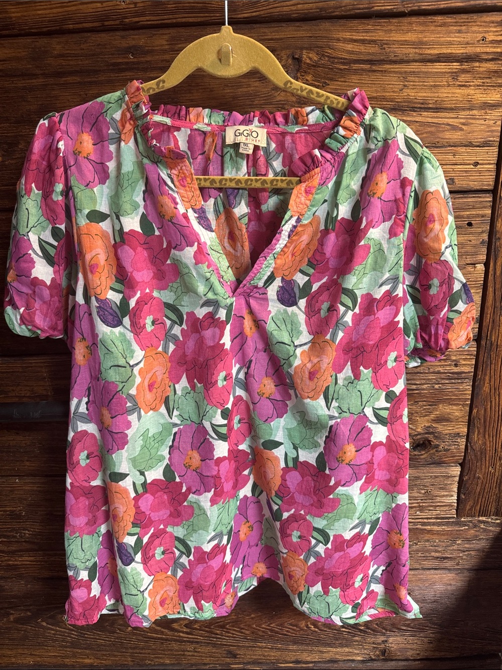 GGIO Women's Floral V-Neck Puff-Sleeve Blouse in Pink & Orange